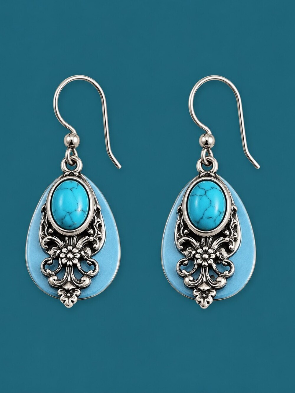 SILVER FOREST Teal Layered Filigree Teardrop Dangle Hook Earrings